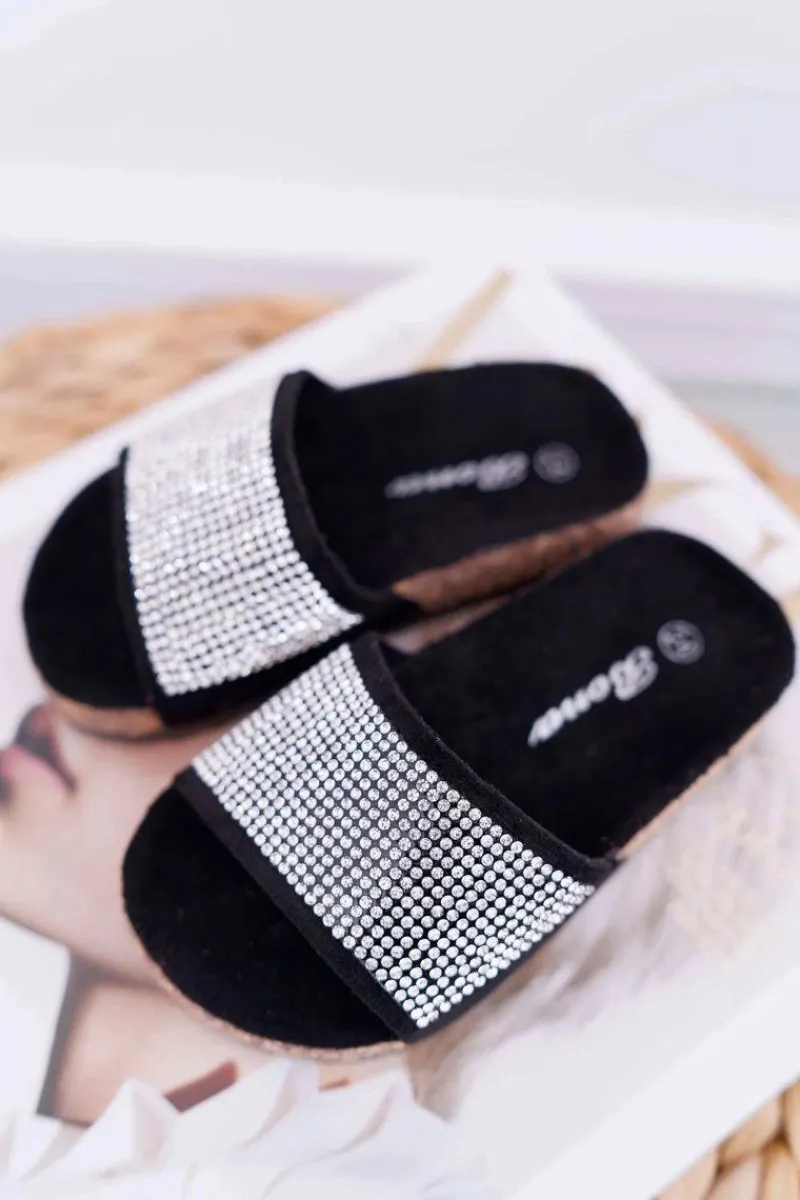 Clearance Dziecięce Czarne Klapki Na Korku Kryształki Malena Dzieci Dziewczęce