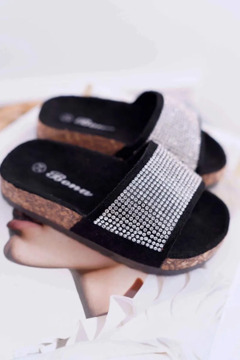 Clearance Dziecięce Czarne Klapki Na Korku Kryształki Malena Dzieci Dziewczęce