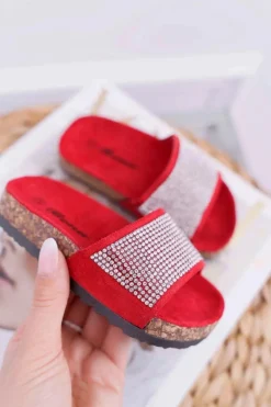 Dziewczęce></noscript>Boto Dziecięce Czerwone Klapki Na Korku Kryształki Malena
