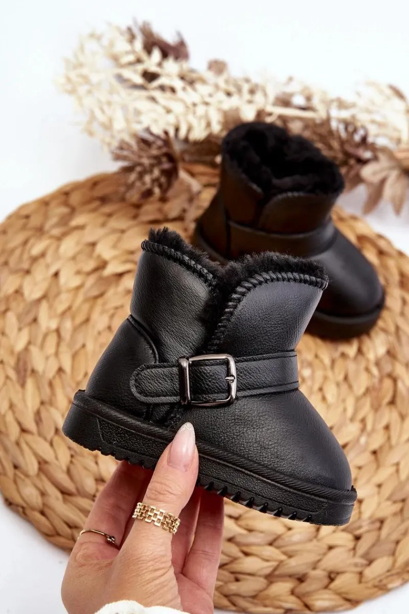 Hot Boto Dziecięce Eko Skórzane Śniegowce Z Paskiem Czarne Orinor Czarny