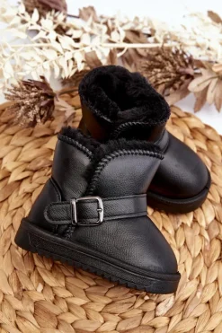 Hot Boto Dziecięce Eko Skórzane Śniegowce Z Paskiem Czarne Orinor Czarny