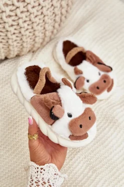 Discount Boto Dziecięce Futrzane Kapcie Z Motywem Krowy Brązowe Tamorrin