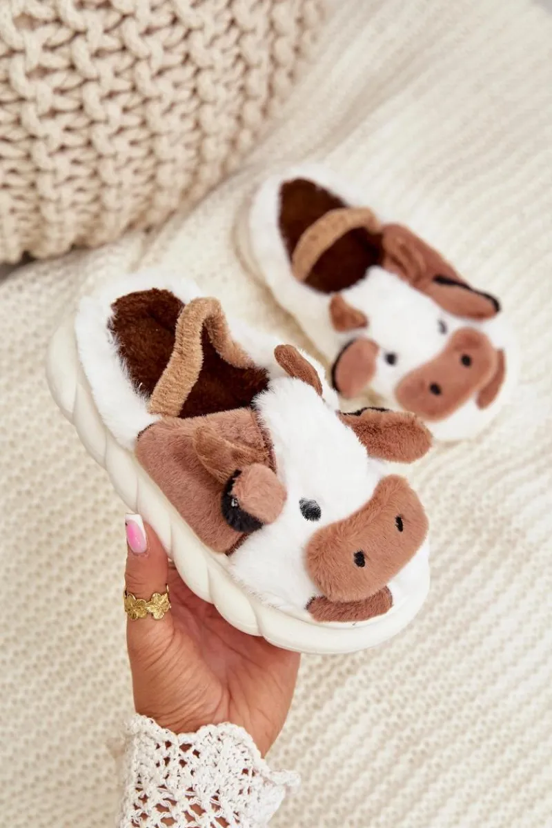 Discount Boto Dziecięce Futrzane Kapcie Z Motywem Krowy Brązowe Tamorrin