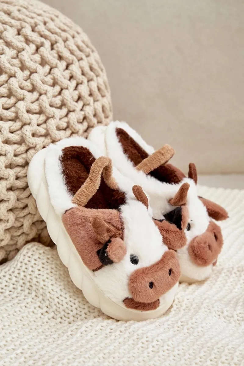 Discount Boto Dziecięce Futrzane Kapcie Z Motywem Krowy Brązowe Tamorrin