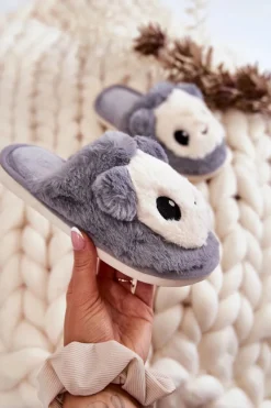 Outlet Boto Dziecięce Futrzane Wsuwane Papcie Szare Alize