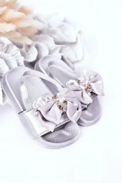 Discount Dziecięce Gumowe Klapki Z Kokardką Srebrne Senari Dzieci Dziewczęce