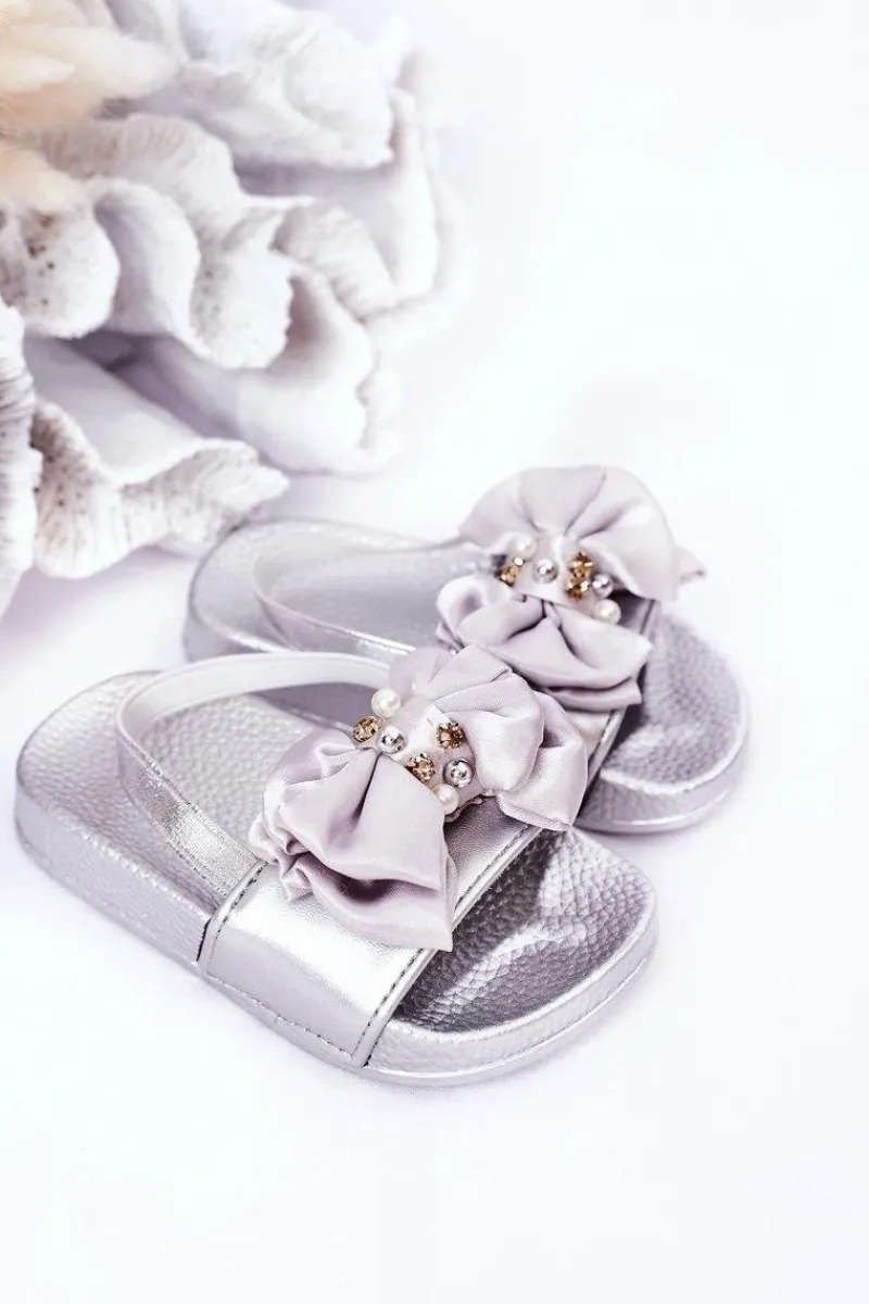 Discount Dziecięce Gumowe Klapki Z Kokardką Srebrne Senari Dzieci Dziewczęce