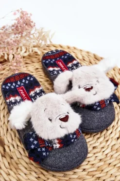 Outlet Boto Dziecięce Kapcie Na Grubej Podeszwie z Misiem Szare Dasca Szary