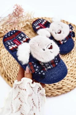 New Dziecięce Kapcie Na Grubej Podeszwie z Misiem Granatowe Dasca Dzieci Dziewczęce|Back To School