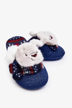 New Dziecięce Kapcie Na Grubej Podeszwie z Misiem Granatowe Dasca Dzieci Dziewczęce|Back To School