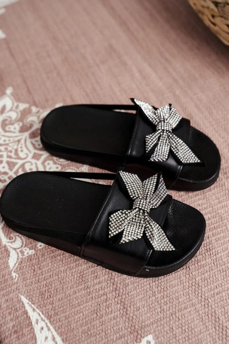 Online Dziecięce Klapki Dziewczęce Czarne Cyrkonie Kokardka Jomoga Dzieci Dziewczęce