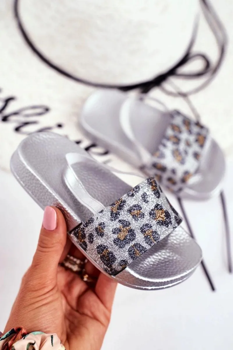 Clearance Boto Dziecięce Klapki Dziewczęce Brokat Leopard Srebrne Rimia