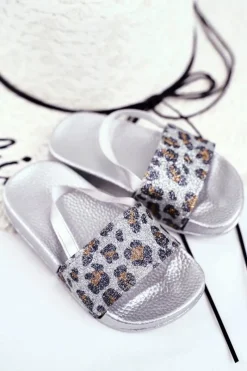 Clearance Boto Dziecięce Klapki Dziewczęce Brokat Leopard Srebrne Rimia