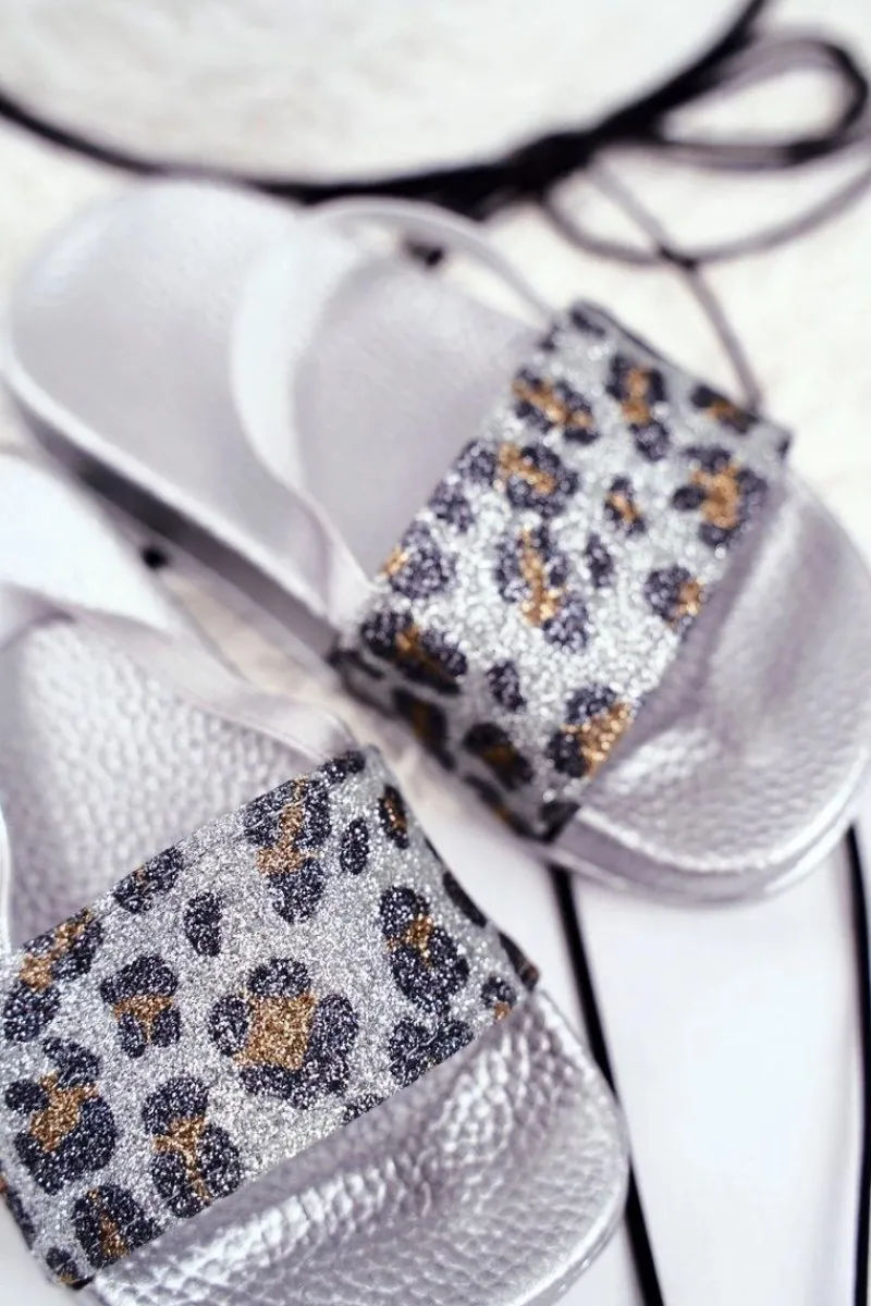 Clearance Boto Dziecięce Klapki Dziewczęce Brokat Leopard Srebrne Rimia