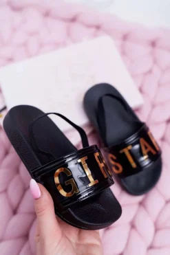 Online Boto Dziecięce Klapki Dziewczęce Złoty Napis Girl Star Czarne Bambi