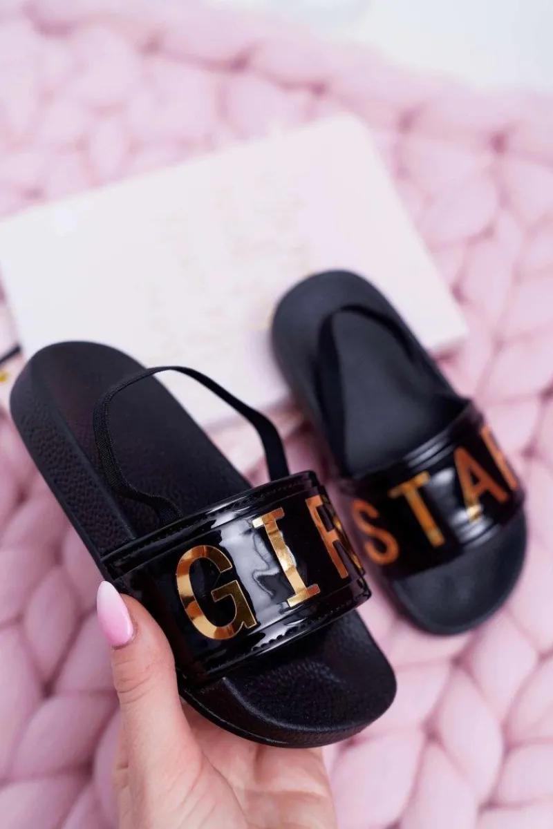 Online Boto Dziecięce Klapki Dziewczęce Złoty Napis Girl Star Czarne Bambi