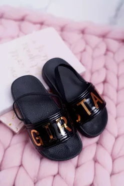 Online Boto Dziecięce Klapki Dziewczęce Złoty Napis Girl Star Czarne Bambi