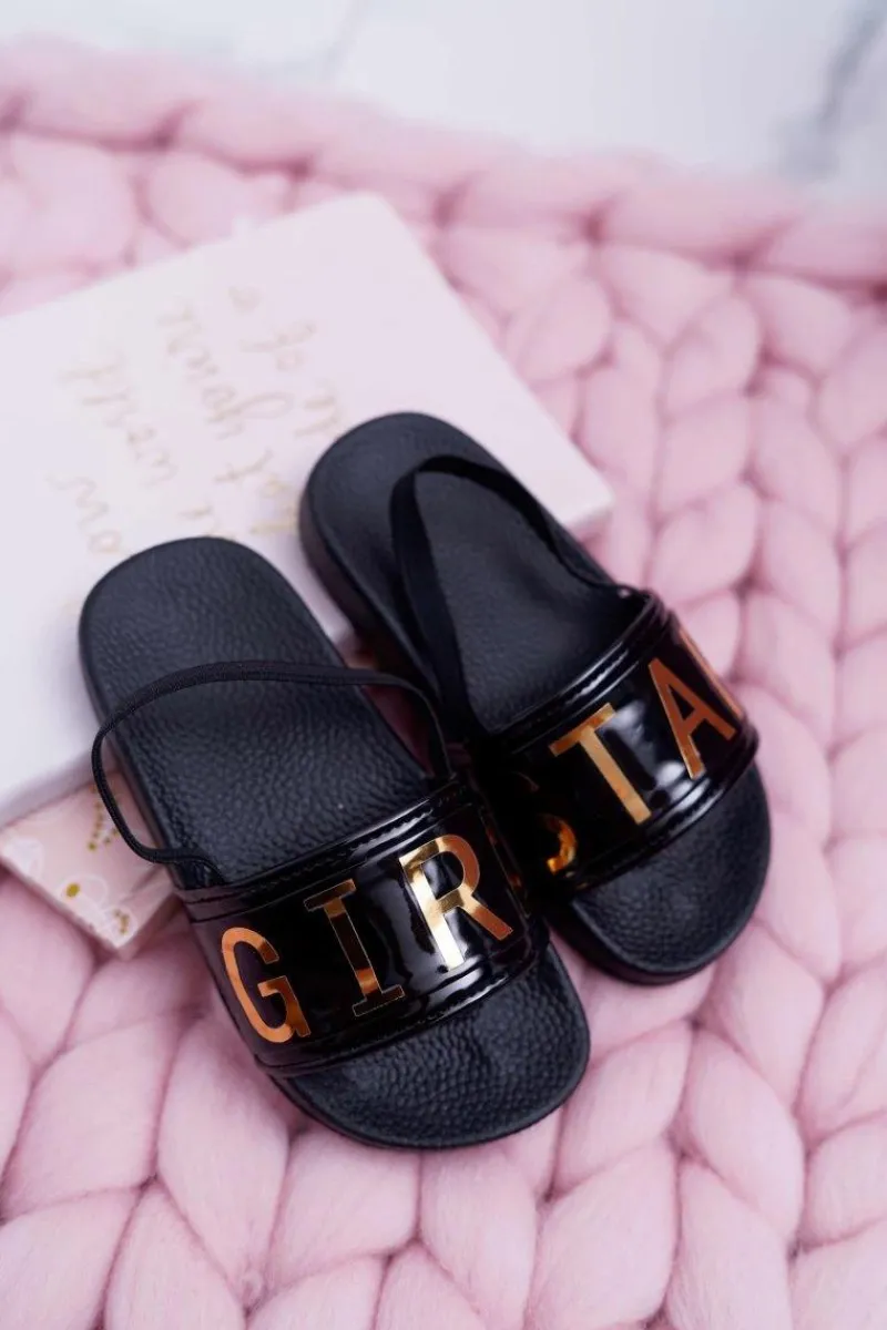 Online Boto Dziecięce Klapki Dziewczęce Złoty Napis Girl Star Czarne Bambi