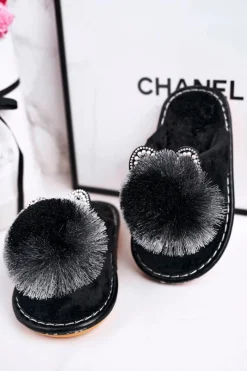 Online Boto Dziecięce Klapki Papcie Z Pomponem Czarne Cinderella