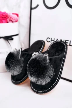 Online Boto Dziecięce Klapki Papcie Z Pomponem Czarne Cinderella