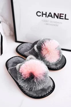 Dziewczęce>Boto Dziecięce Klapki Papcie Z Pomponem Szare Cinderella