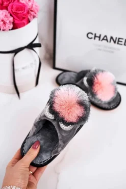 Dziewczęce>Boto Dziecięce Klapki Papcie Z Pomponem Szare Cinderella