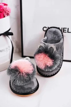Dziewczęce></noscript>Boto Dziecięce Klapki Papcie Z Pomponem Szare Cinderella