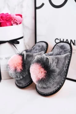 Dziewczęce></noscript>Boto Dziecięce Klapki Papcie Z Pomponem Szare Cinderella