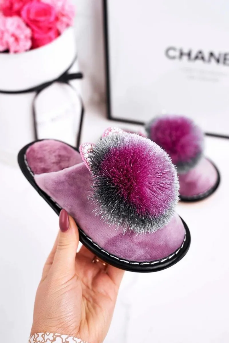 Dziewczęce>Boto Dziecięce Klapki Papcie Z Pomponem Fioletowe Cinderella