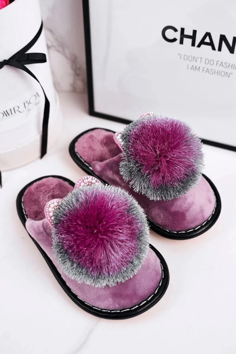 Dziewczęce>Boto Dziecięce Klapki Papcie Z Pomponem Fioletowe Cinderella