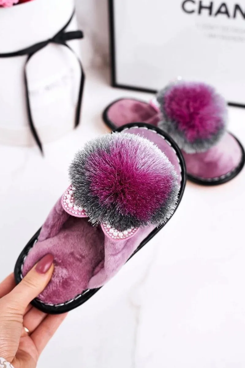 Dziewczęce>Boto Dziecięce Klapki Papcie Z Pomponem Fioletowe Cinderella