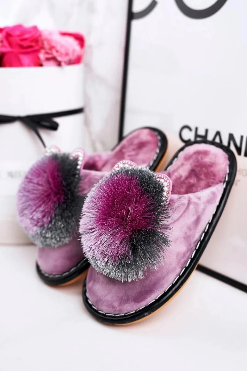 Dziewczęce>Boto Dziecięce Klapki Papcie Z Pomponem Fioletowe Cinderella