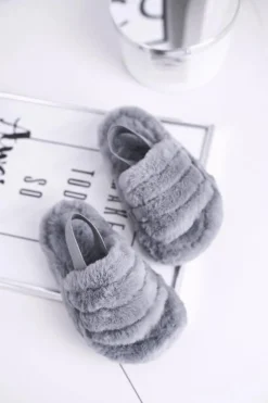 Discount Boto Dziecięce klapki z futerkiem i gumką szare Fluffy