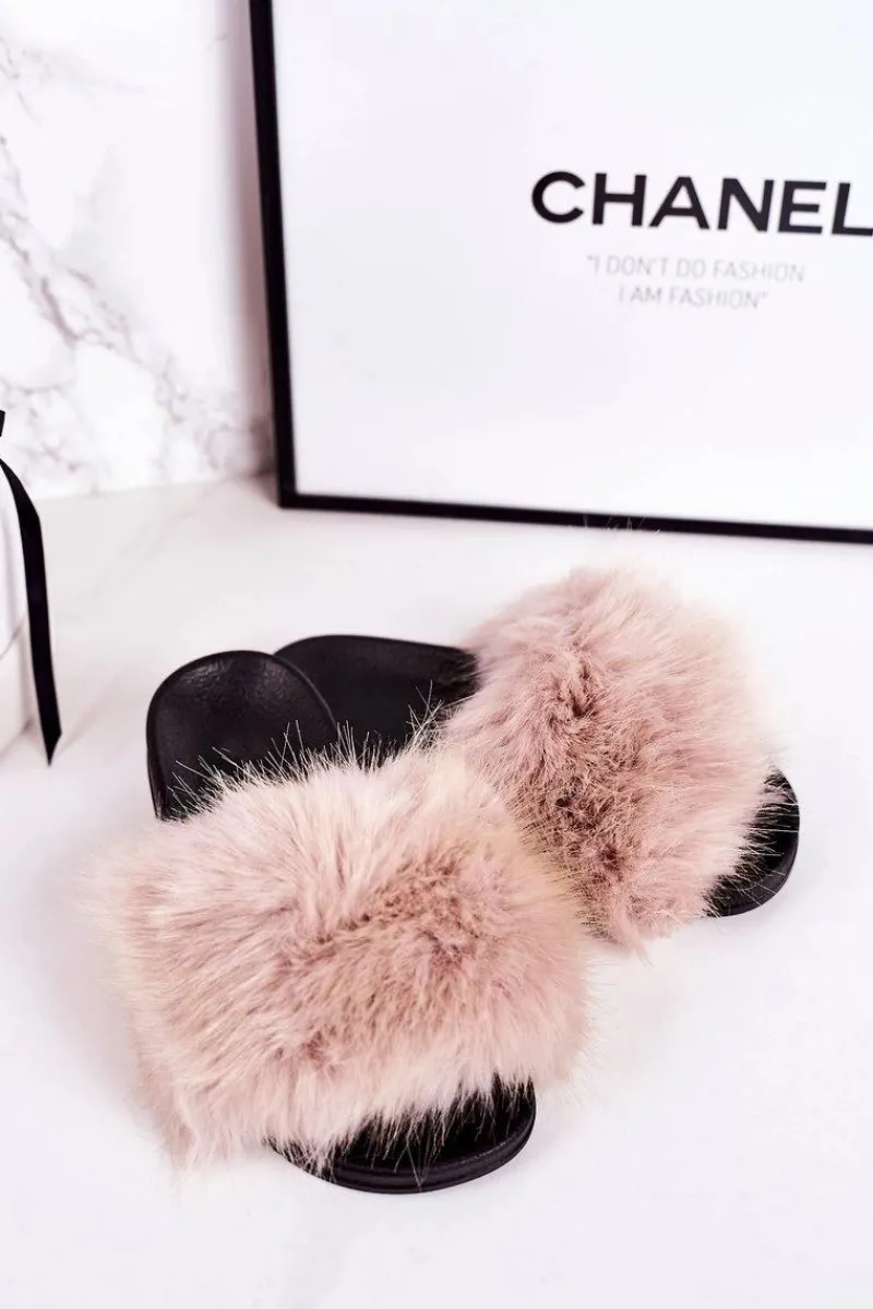 Discount Dziecięce Klapki Z Futerkiem Beżowe Fashionista Damskie Dziewczęce|Klapki Z Futerkiem