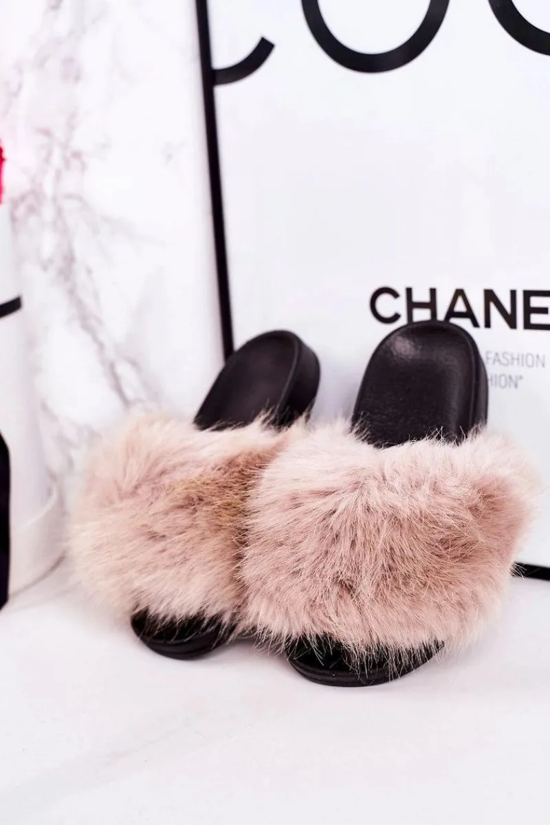 Discount Dziecięce Klapki Z Futerkiem Beżowe Fashionista Damskie Dziewczęce|Klapki Z Futerkiem