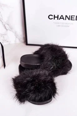 Hot Dziecięce Klapki Z Futerkiem Czarne Fashionista Damskie Dziewczęce|Klapki Z Futerkiem