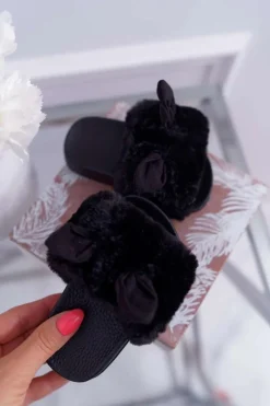 Best Boto Dziecięce Klapki Z Futerkiem I Uszkami Czarne Thoa