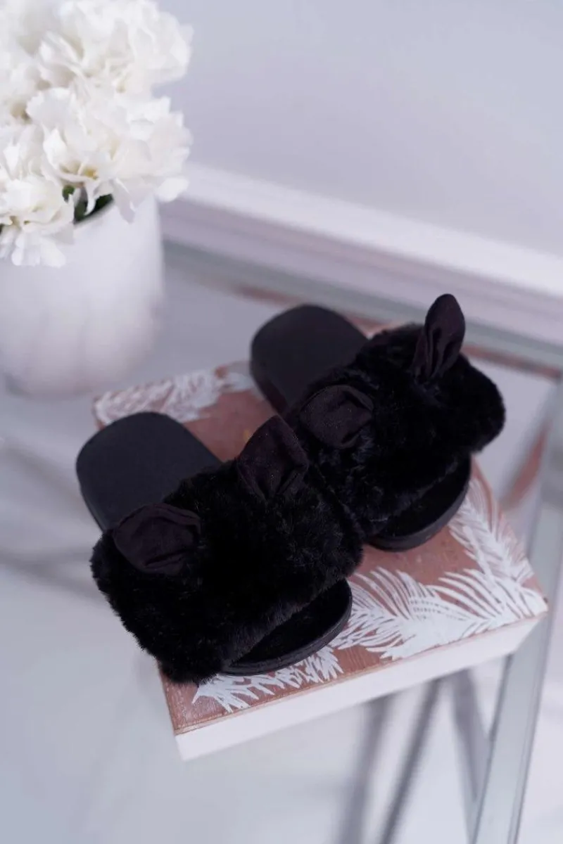 Best Boto Dziecięce Klapki Z Futerkiem I Uszkami Czarne Thoa