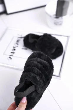 Dziewczęce|Klapki Z Futerkiem>Boto Dziecięce klapki z futerkiem i gumką czarne Fluffy