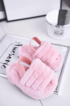 Best Dziecięce klapki z futerkiem i gumką różowe Fluffy Damskie Dziewczęce|Klapki Z Futerkiem