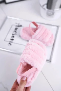 Best Dziecięce klapki z futerkiem i gumką różowe Fluffy Damskie Dziewczęce|Klapki Z Futerkiem