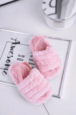 Best Dziecięce klapki z futerkiem i gumką różowe Fluffy Damskie Dziewczęce|Klapki Z Futerkiem