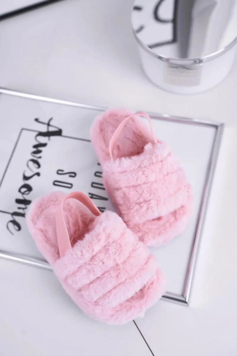 Best Dziecięce klapki z futerkiem i gumką różowe Fluffy Damskie Dziewczęce|Klapki Z Futerkiem