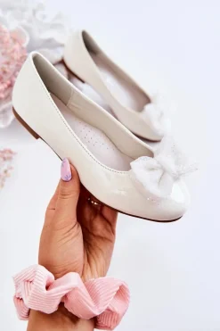 Sale Damskie buty S.Barski Dziecięce Lakierowane Balerinki Z Kokardą Białe Zolly