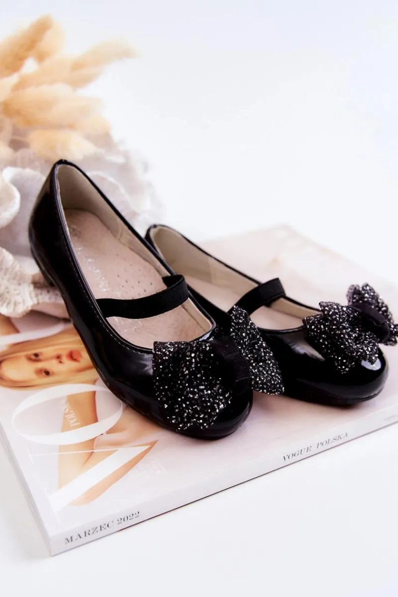 Balerinki Dziecięce>Damskie buty S.Barski Dziecięce Lakierowane Balerinki Z Kokardą Czarne Zolly Czarny