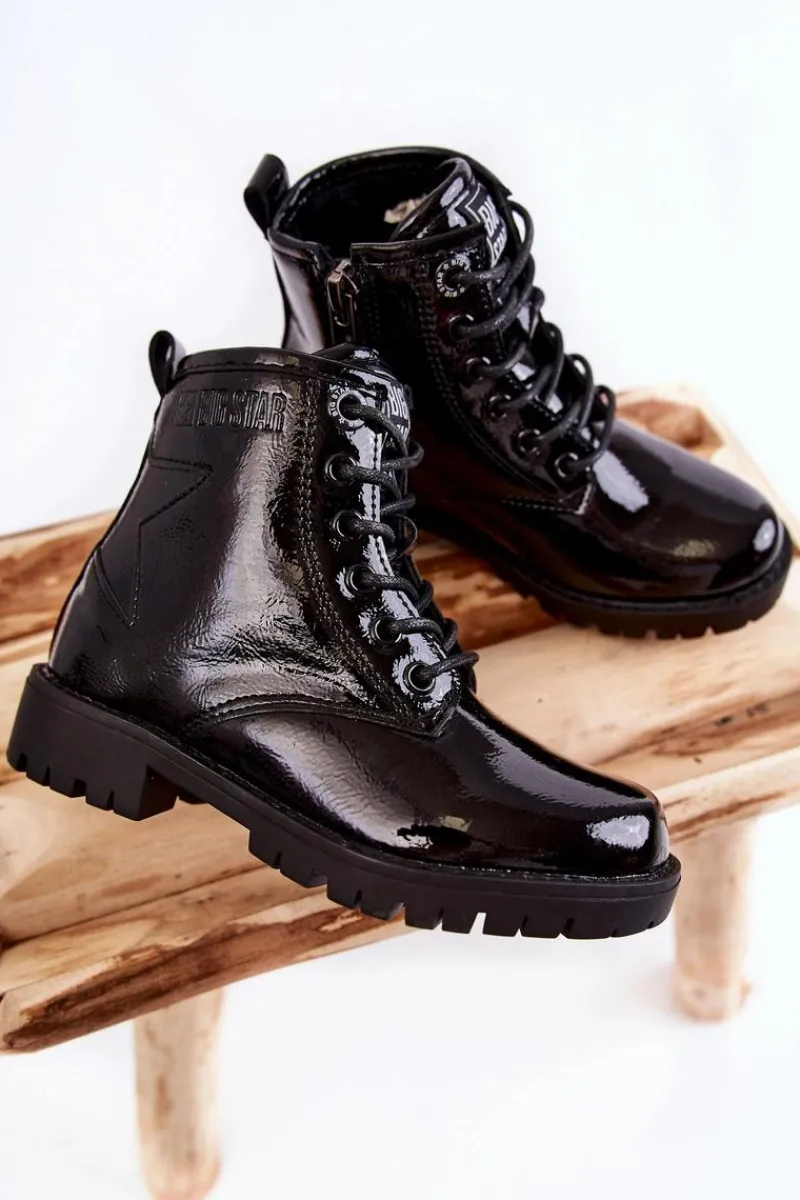 New Big Star Shoes Dziecięce Lakierowane Ocieplane Botki Big Star II374045 Czarne
