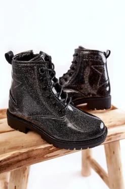 Best Big Star Shoes Dziecięce Lakierowane Ocieplane Botki Big Star II374047 Czarno-Srebrne