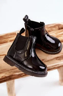 Discount Dziecięce Lakierowane Ocieplane Botki Czarne Porky Dzieci Dziewczęce