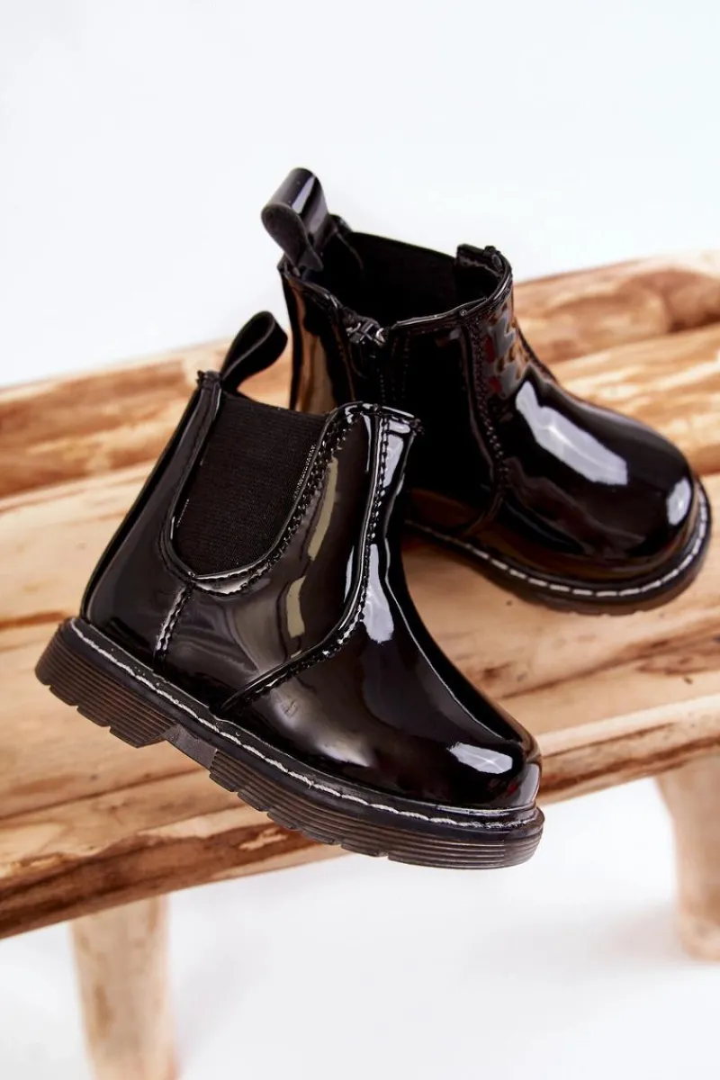 Discount Dziecięce Lakierowane Ocieplane Botki Czarne Porky Dzieci Dziewczęce