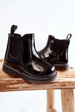 Discount Dziecięce Lakierowane Ocieplane Botki Czarne Porky Dzieci Dziewczęce